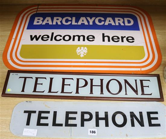 An enamel Barclaycard double sided sign and two glass telephone signs Barclaycard sign 50 x 76cm